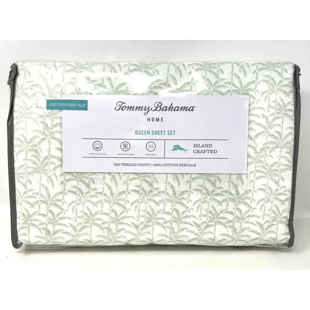 Tommy Bahama Lovely Palms Queen Sheet Set Spring Green All Cotton Percale NIP - Picture 2 of 9